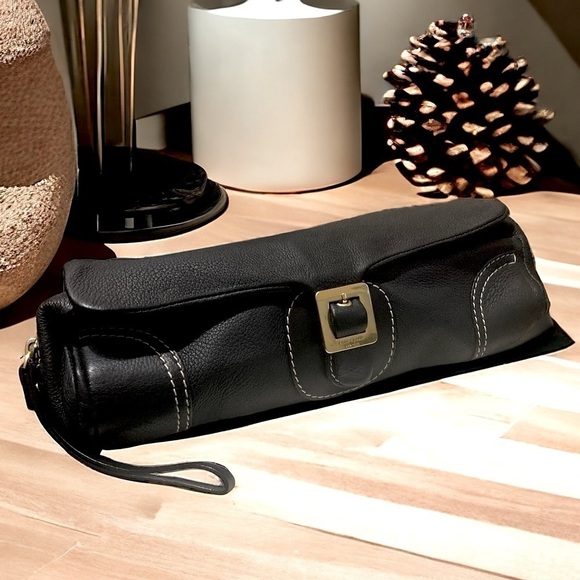 KATE SPADE Pebble Leather Barrel Clutch Hand Held Black Gold Hardware Dark Goth - Picture 10 of 15